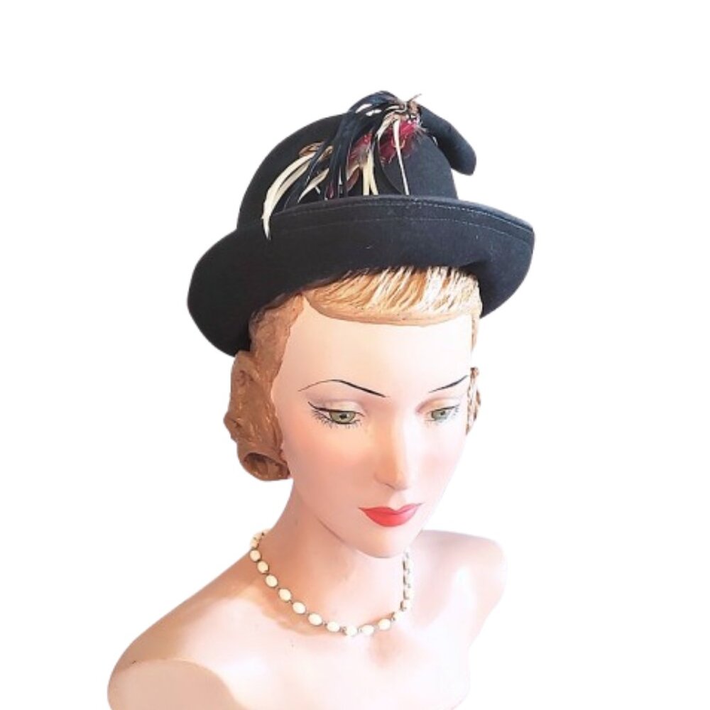 1960s Black Vintage Men's Look Fedora Style Formed Felt Hat Feathers Brimmed - Picture 2 of 9